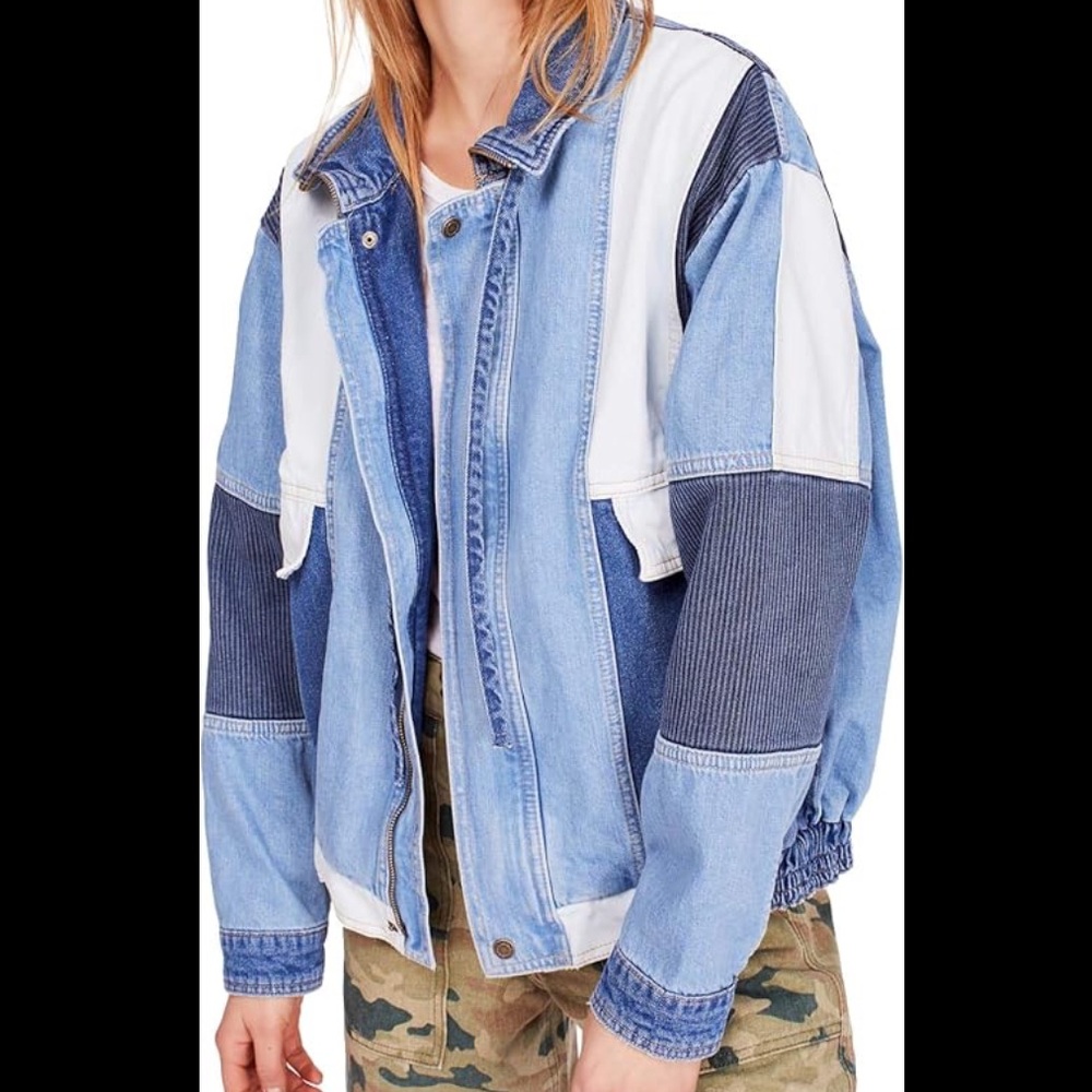 Free People Panel Denim Bomber Jacket
